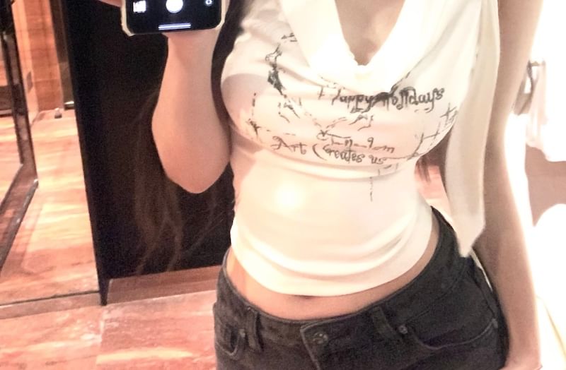 Neck Lettering Cowl Tank Crop Top Choker-Neck