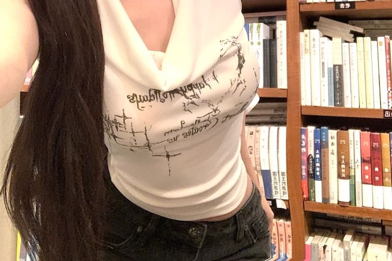 Neck Lettering Cowl Tank Crop Top Choker-Neck