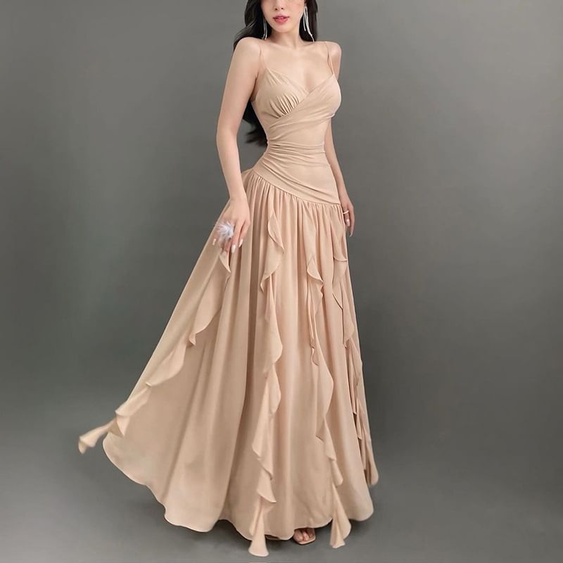 V-Neck Spaghetti Strap Solid Ruffle Ruched Wrap A-Line Maxi Dress