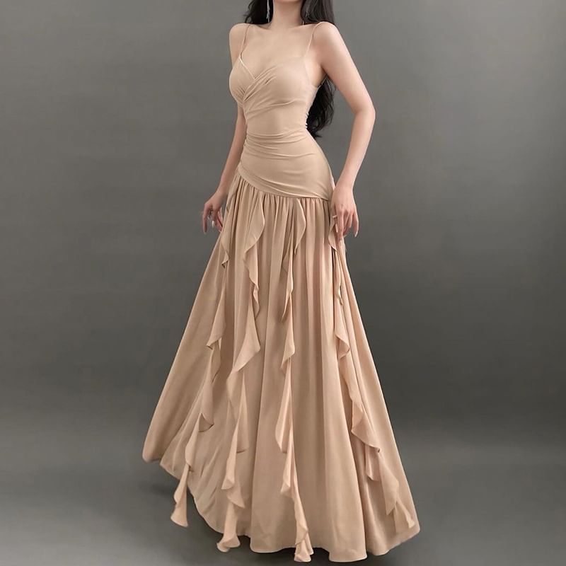 V-Neck Spaghetti Strap Solid Ruffle Ruched Wrap A-Line Maxi Dress