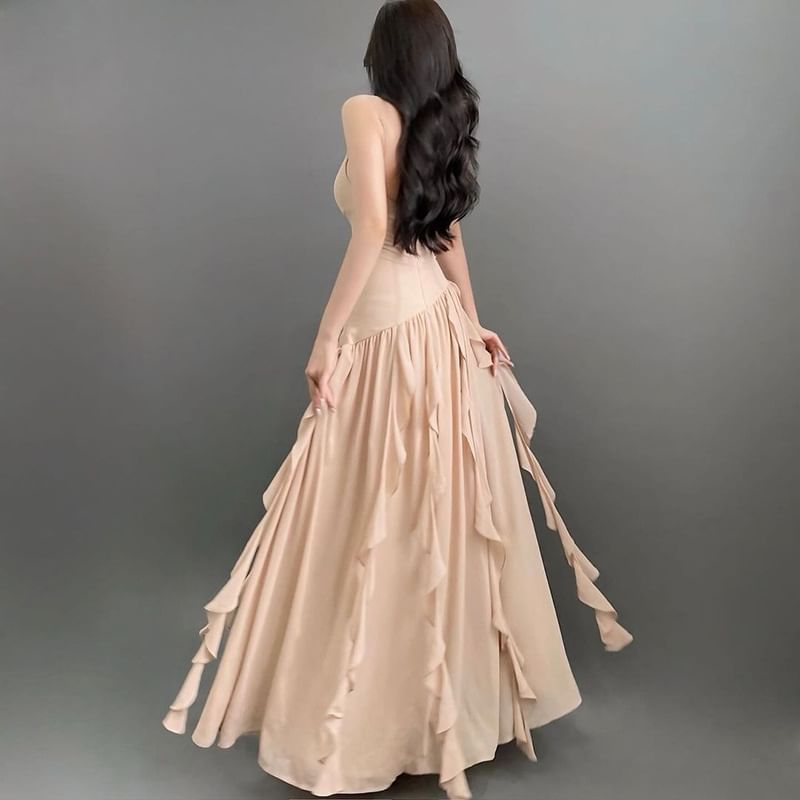V-Neck Spaghetti Strap Solid Ruffle Ruched Wrap A-Line Maxi Dress