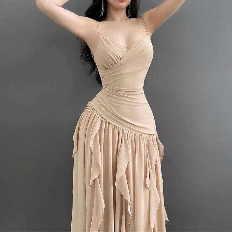 V-Neck Spaghetti Strap Solid Ruffle Ruched Wrap A-Line Maxi Dress