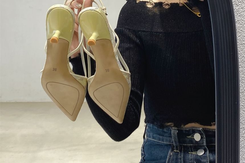 Kitten Heel Jacquard Slingback Toe Pointed Pumps