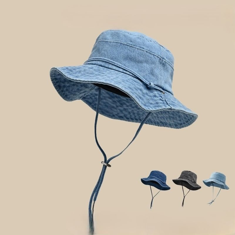 Strap Bucket Hat Chin Denim Adjustable With