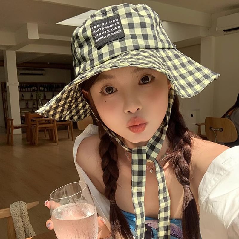 Checkered With Strap Cotton Hat Bucket Chin