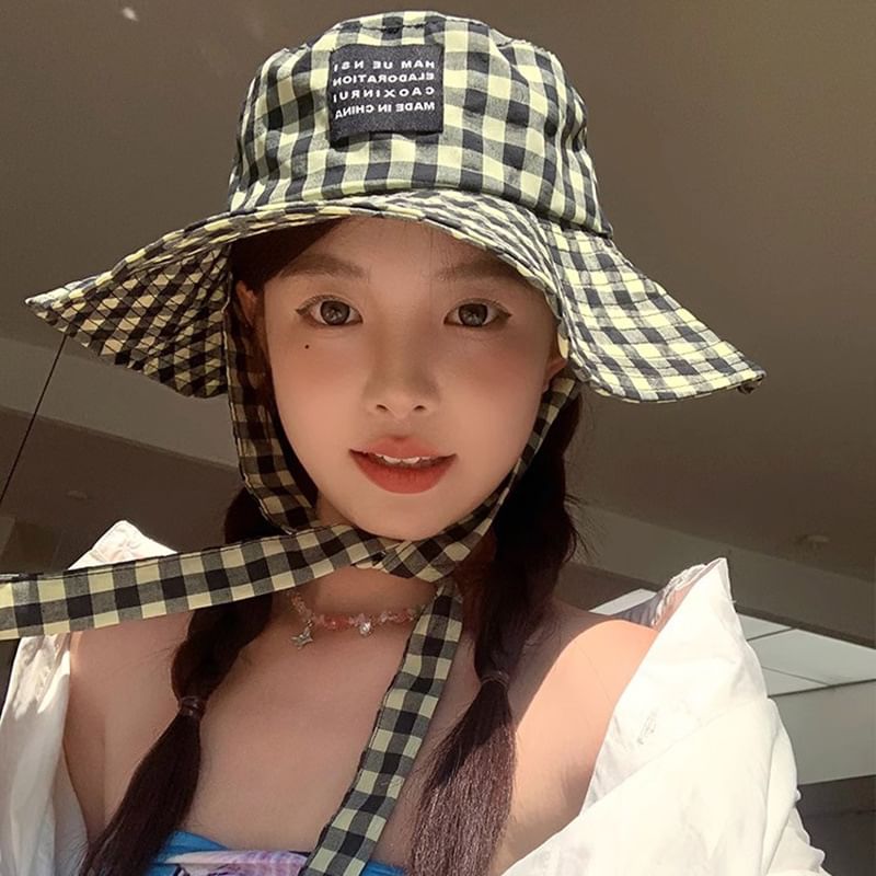 Checkered With Strap Cotton Hat Bucket Chin