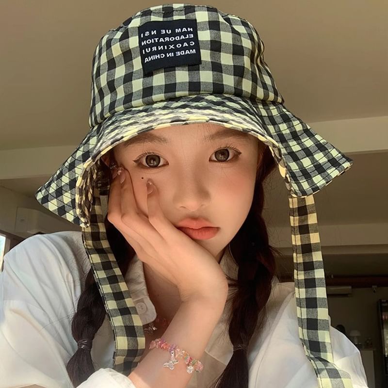 Checkered With Strap Cotton Hat Bucket Chin