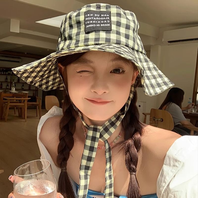Checkered With Strap Cotton Hat Bucket Chin