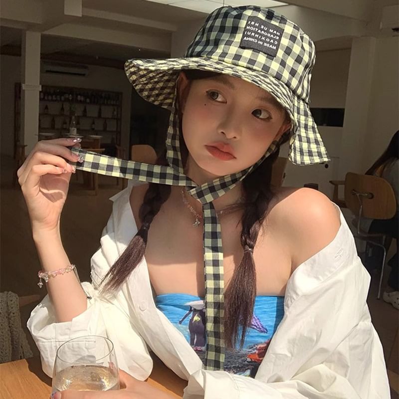 Checkered With Strap Cotton Hat Bucket Chin