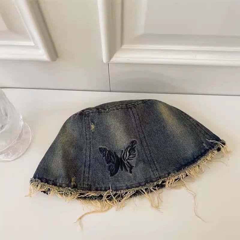 Distressed Embroidery Bucket Brim With Hat Butterfly