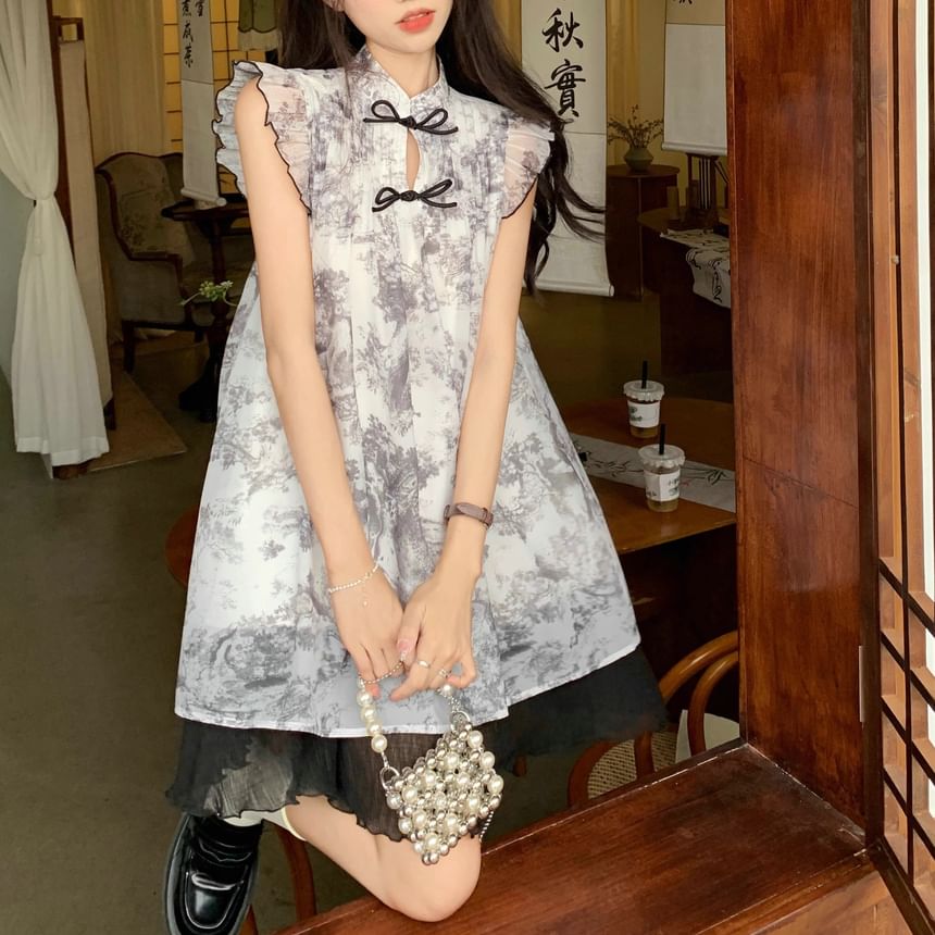 Print Cap-Sleeve Sheer A-Line Dress Mini