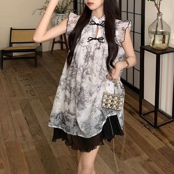 Print Cap-Sleeve Sheer A-Line Dress Mini