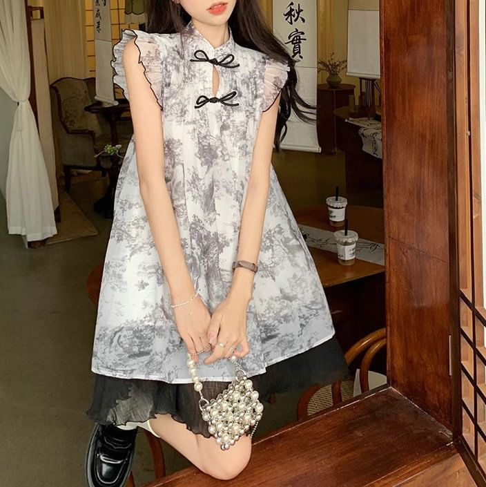 Print Cap-Sleeve Sheer A-Line Dress Mini