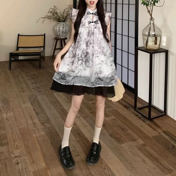 Print Cap-Sleeve Sheer A-Line Dress Mini