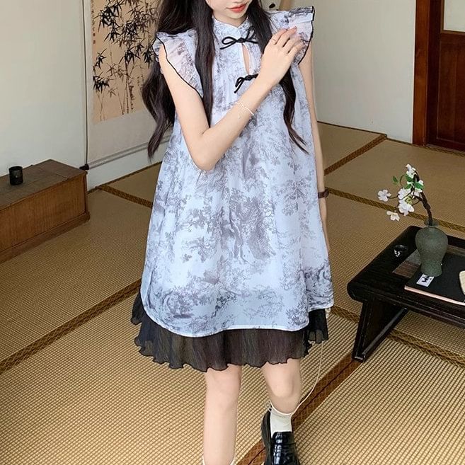 Print Cap-Sleeve Sheer A-Line Dress Mini