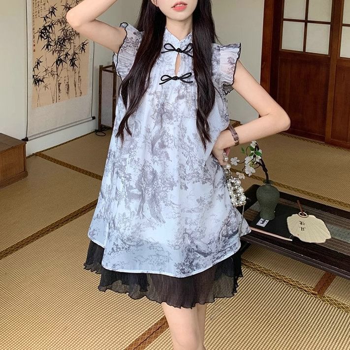 Print Cap-Sleeve Sheer A-Line Dress Mini