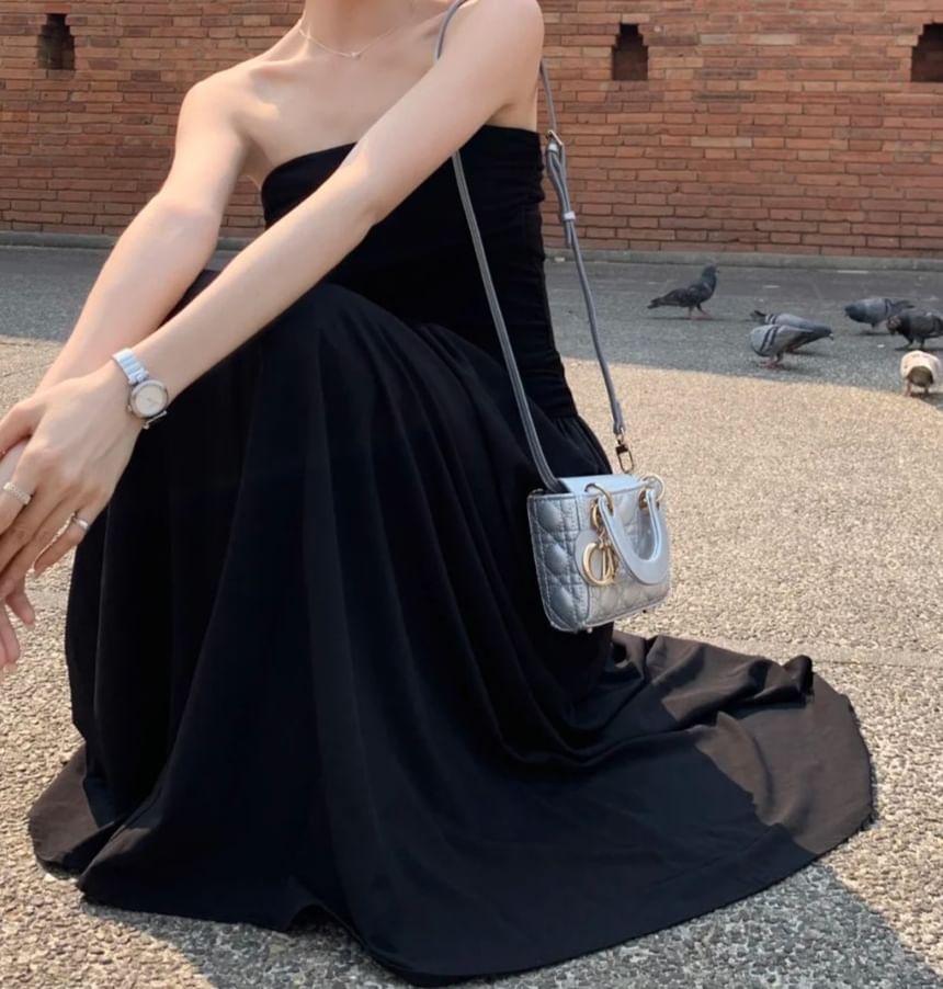 Square Neck Spaghetti Strap Solid Crinkle Open Back A-Line Maxi Dress