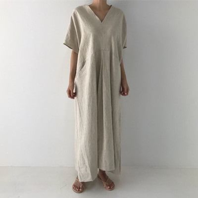 V-Neck Short-Sleeve Solid Sundress Maxi