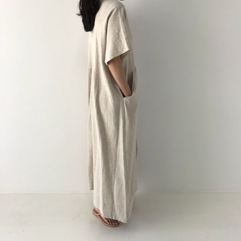 V-Neck Short-Sleeve Solid Sundress Maxi