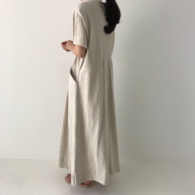 V-Neck Short-Sleeve Solid Sundress Maxi
