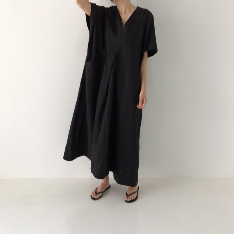 V-Neck Short-Sleeve Solid Sundress Maxi