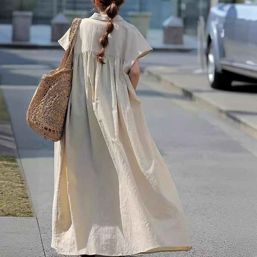 Short-Sleeve Solid Shirt Maxi Dress