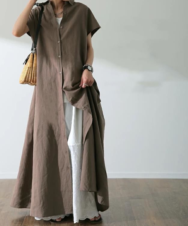 Short-Sleeve Solid Shirt Maxi Dress