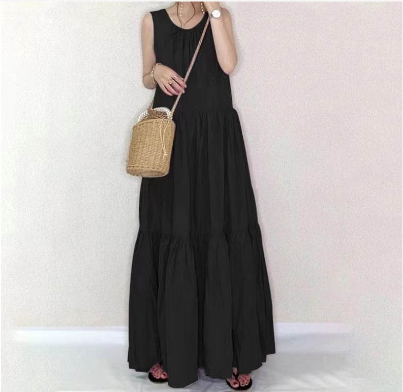 Scoop Neck Sleeveless Solid Sundress Maxi