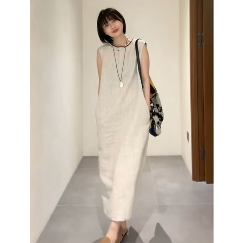 Short-Sleeve Solid Open Back Sundress Maxi