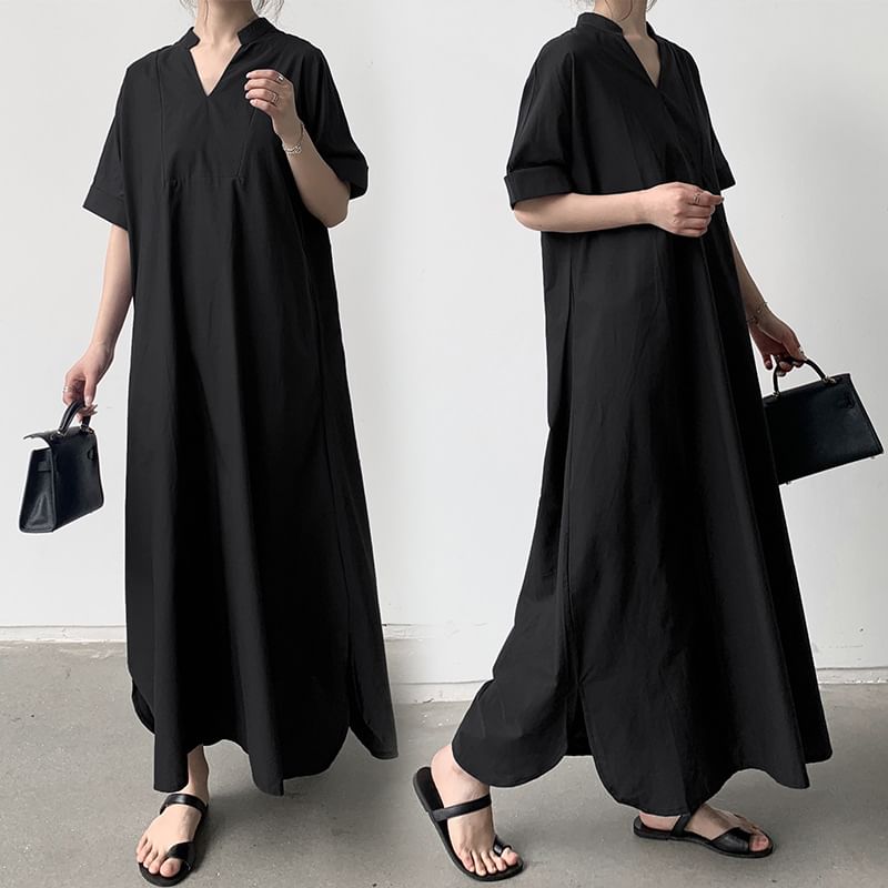 V-Neck Short-Sleeve Solid Slit A-Line Maxi Dress