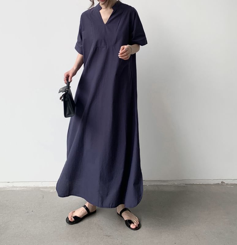 V-Neck Short-Sleeve Solid Slit A-Line Maxi Dress