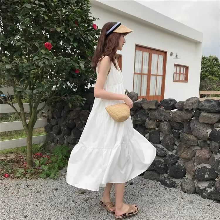 Thin Strap Solid Layered Midi A-Line Dress