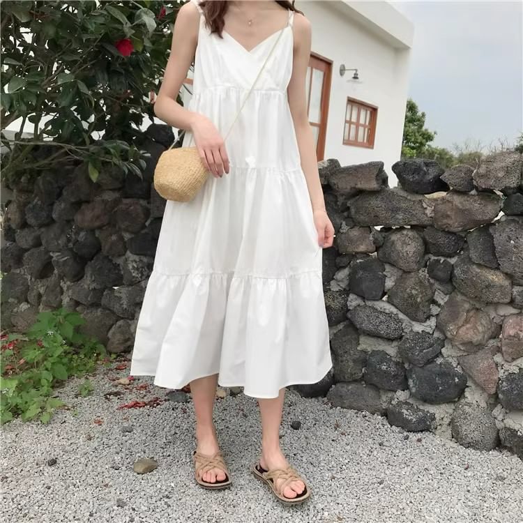 Thin Strap Solid Layered Midi A-Line Dress