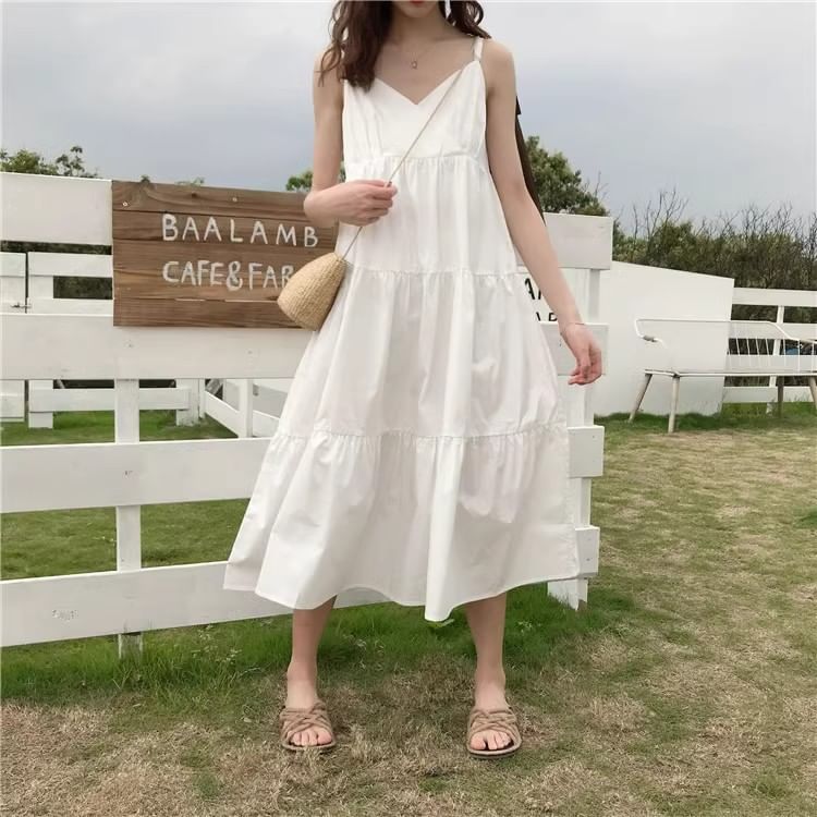 Thin Strap Solid Layered Midi A-Line Dress