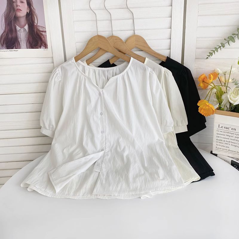 Short-Sleeve V-Neck Ruched Blouse