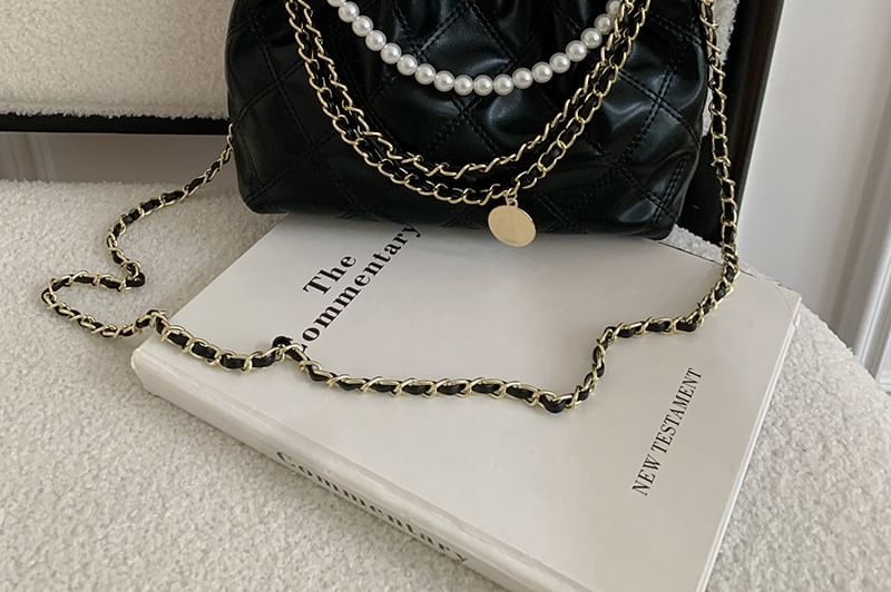 Crossbody Pearl Chain Quilted Bag Faux