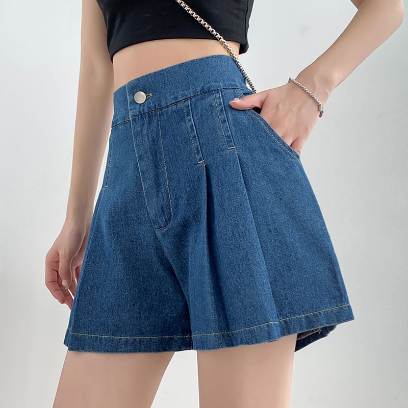 High Waist Pleated Washed Denim Shorts