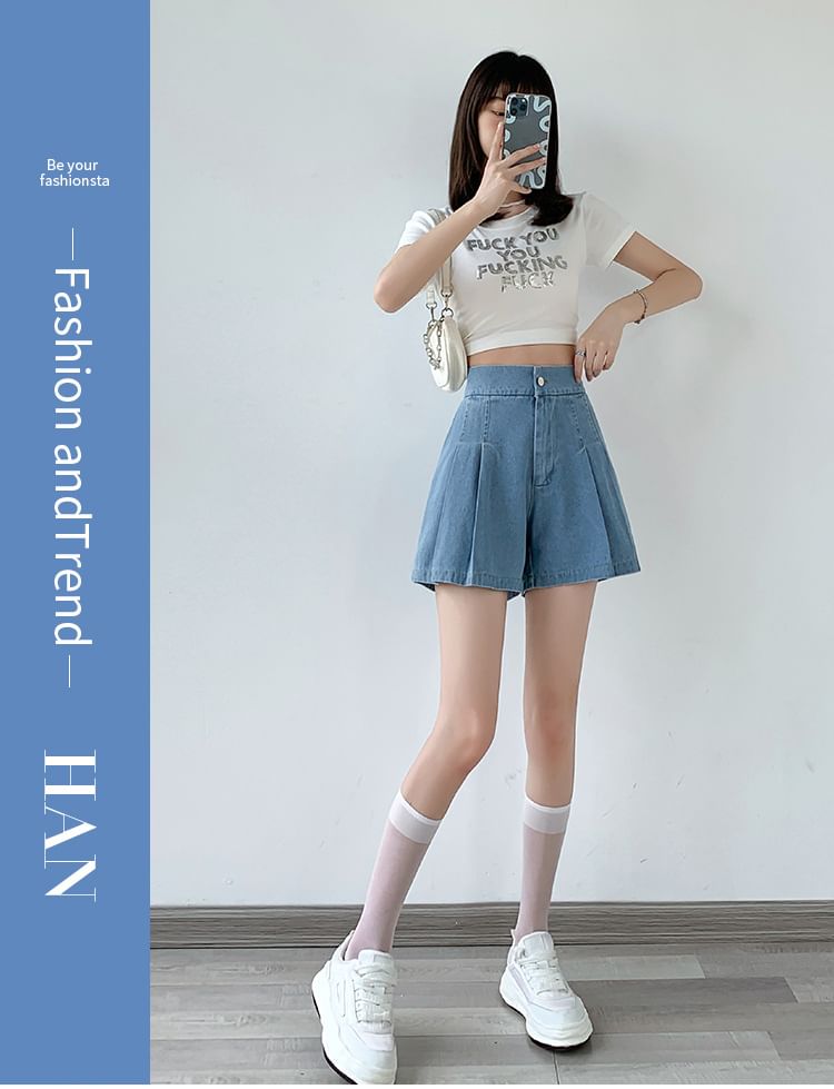High Waist Pleated Washed Denim Shorts