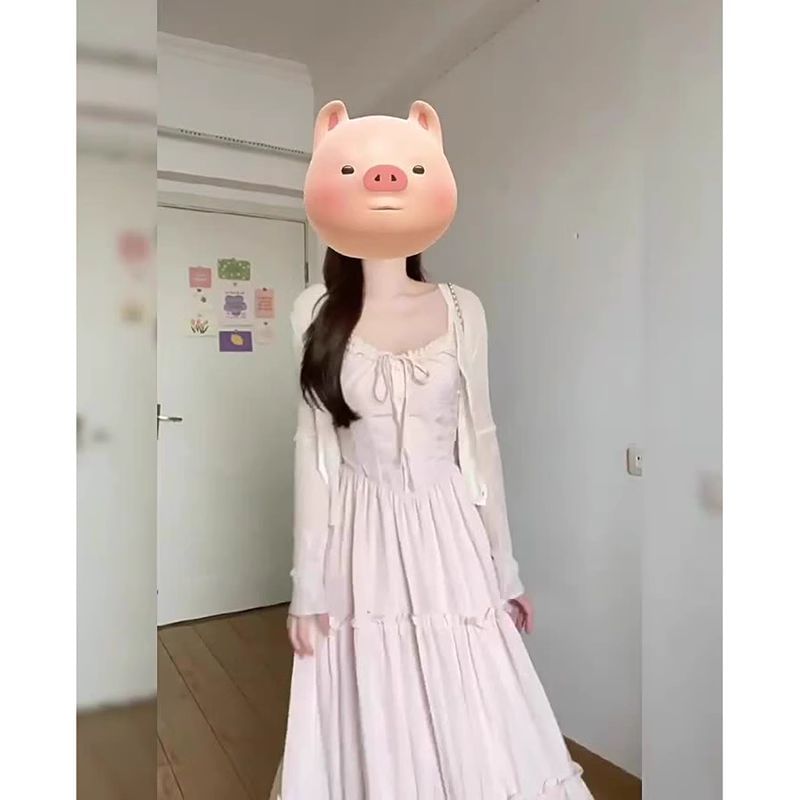 Spaghetti Strap Ruffle Cardigan Solid Sundress Maxi