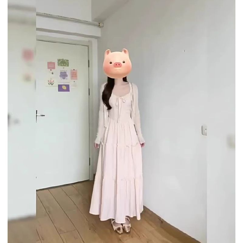 Spaghetti Strap Ruffle Cardigan Solid Sundress Maxi