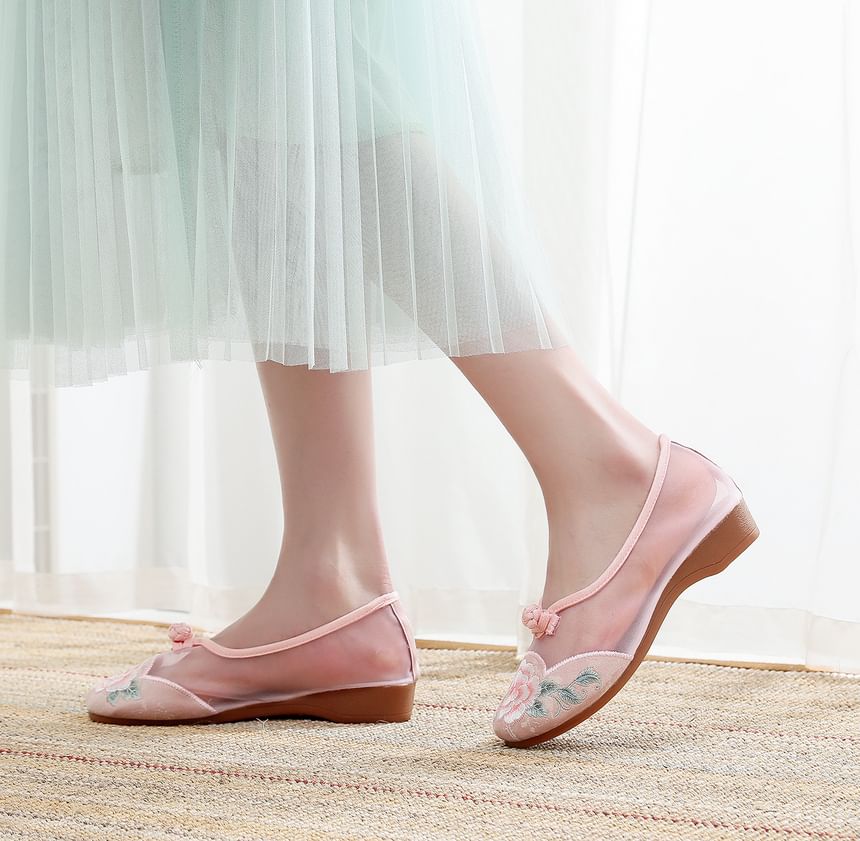 Mesh Embroidered Heel Slip-Ons Wedge