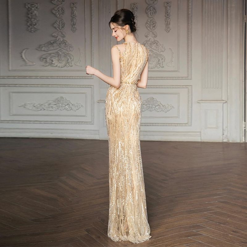 Sleeveless Sequin Embellished Evening Gown