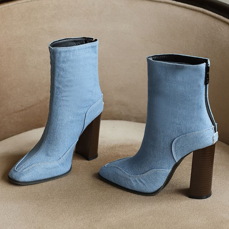 Toe Boots Pointed Chunky Short Heel