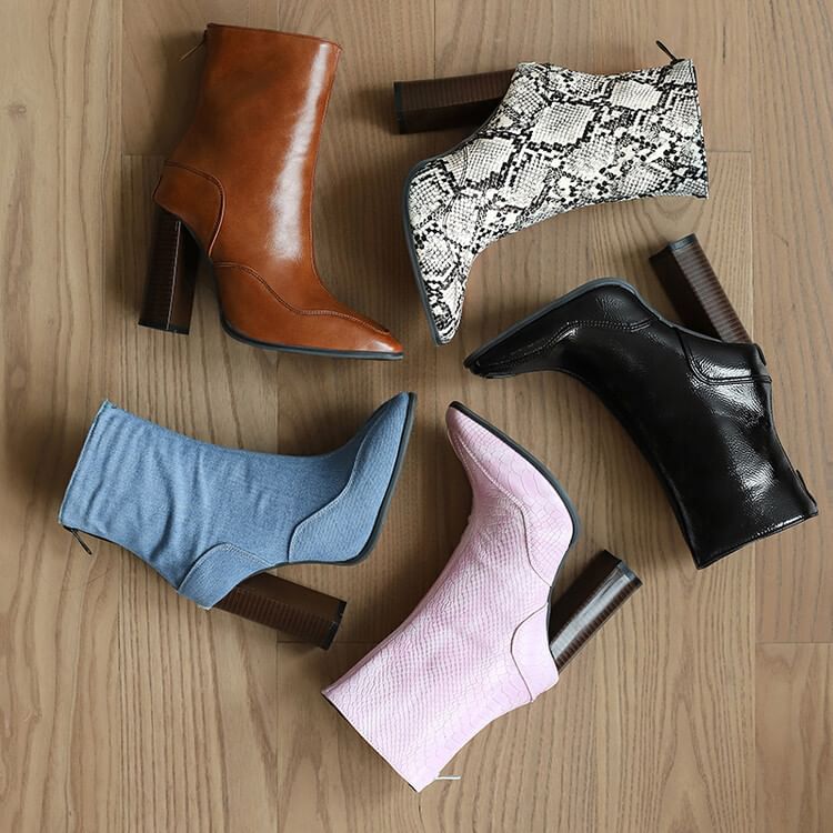 Toe Boots Pointed Chunky Short Heel