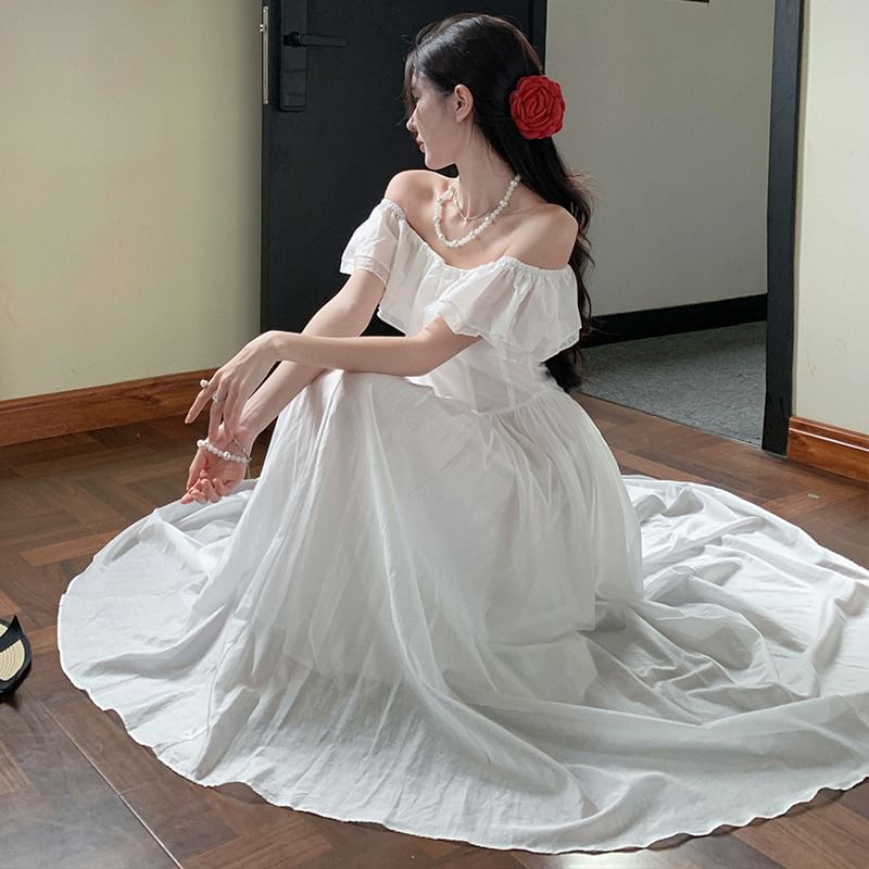 Dress A-Line Maxi Off-Shoulder Ruched Plain Short-Sleeve Ruffle Trim