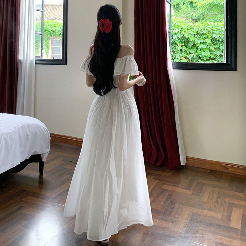 Dress A-Line Maxi Off-Shoulder Ruched Plain Short-Sleeve Ruffle Trim