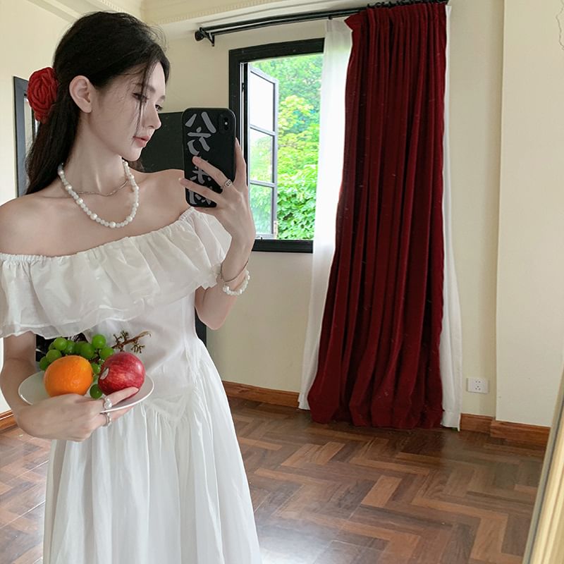 Dress A-Line Maxi Off-Shoulder Ruched Plain Short-Sleeve Ruffle Trim