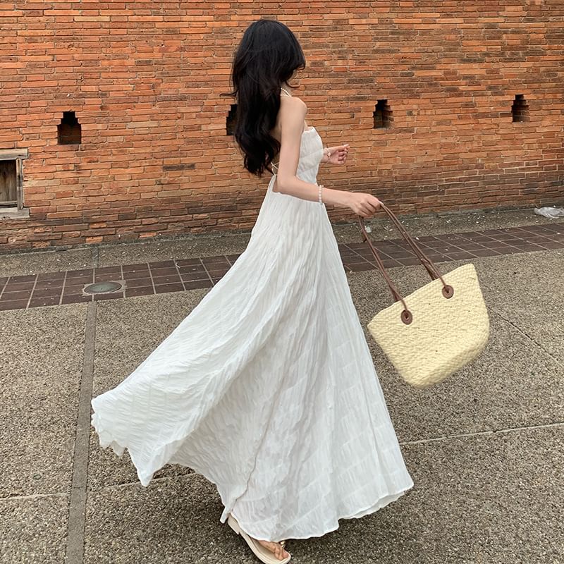 Back Strap Square Spaghetti Crinkle Dress A-Line Plain Neck Open Maxi
