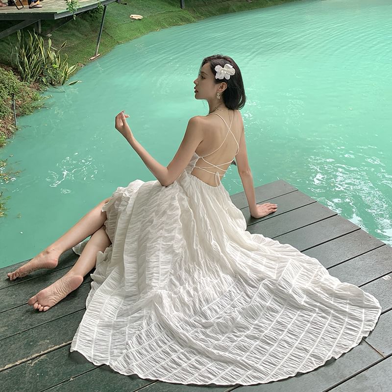Thin Strap Square Neck Solid Crinkle Open Back Maxi A-Line Dress