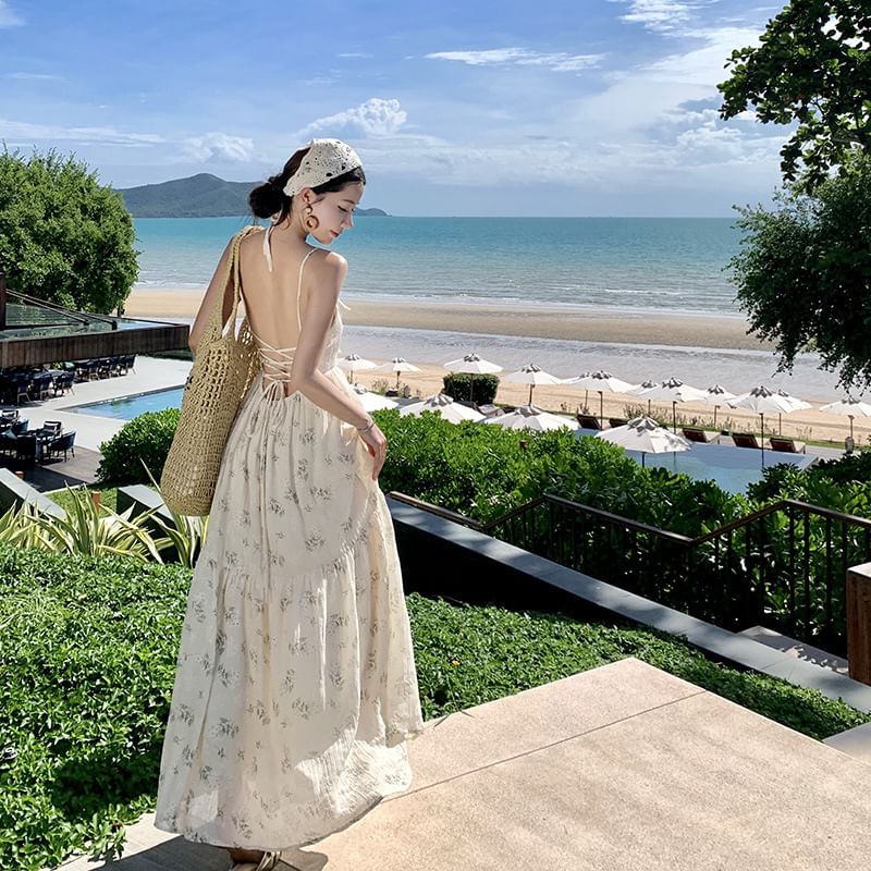 Back Dress Spaghetti Open Strap Floral Accent Bow Maxi Neck Print Square A-Line